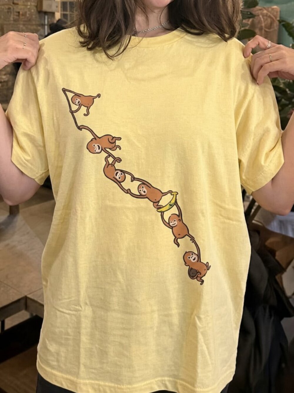 Hanging Monkeys Chain Graphic Tee Cute Funny Monkey Banana Shirt Yellow